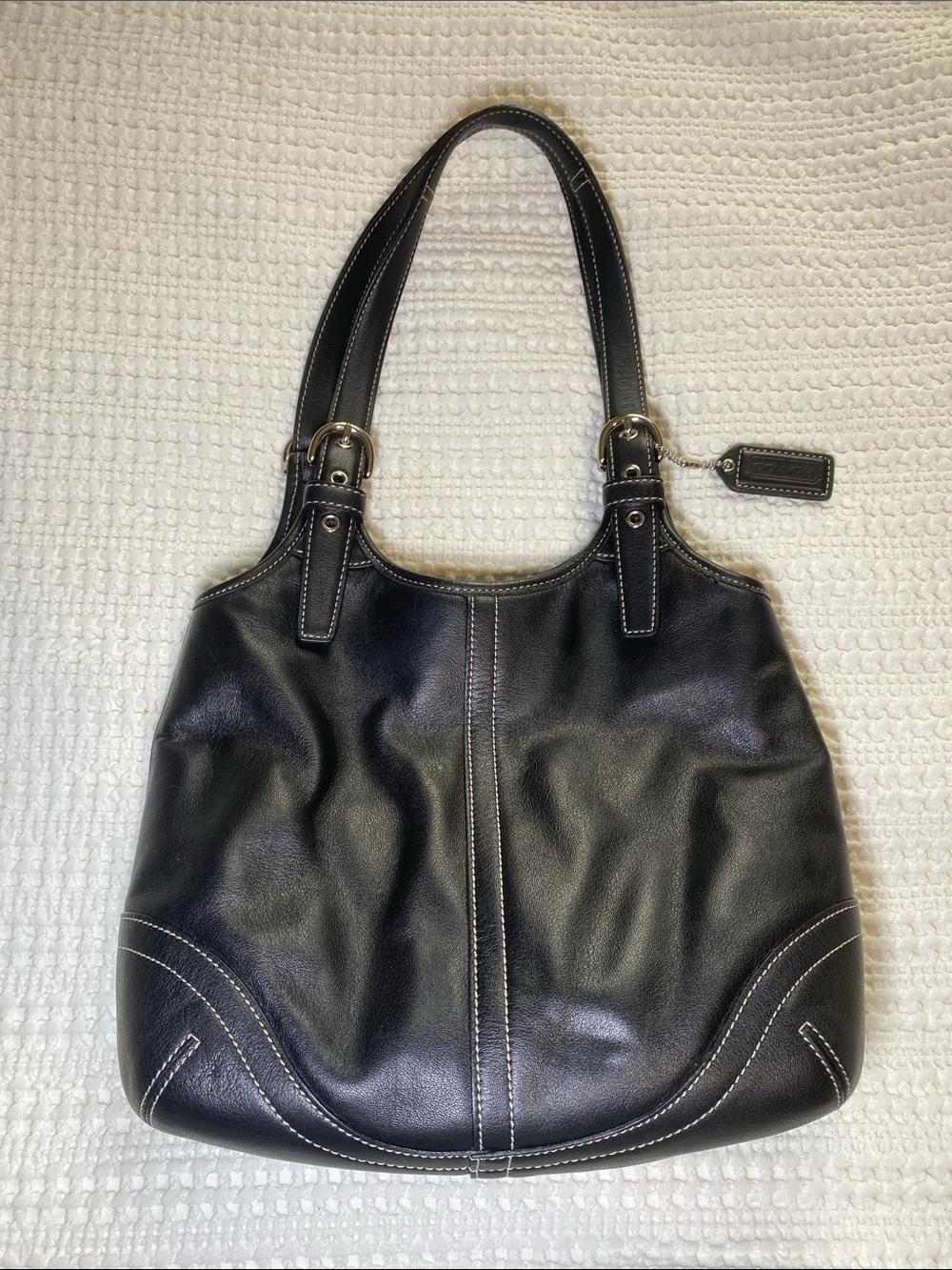 Coach Soho Black Leather Mini Shoulder Tote with White Contrast Stitching